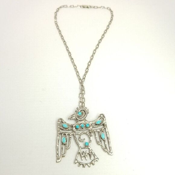 Vintage St Labre Thunderbird Southwestern Brooch Pendant Necklace Silver Tone - Picture 9 of 10
